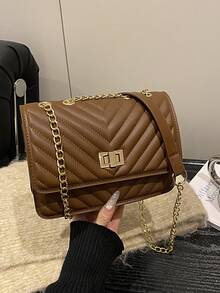 1件装女士棕色绗缝链条包，仿皮翻盖斜挎包，旋扣小号单肩手提包，适合通勤和休闲装扮 - 棕色 - 查看 7