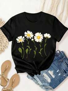 Camiseta de Mujer con Estampado de Pequeñas Margaritas, Moda de Verano para Mujer, Casual, Cómoda y Suave, para Deportes al Aire Libre y Fitness, Cuello Redondo, Manga Corta - Negro - Ver 1