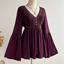 Women's Bohemian Lace Patchwork Flare Sleeve Tie Waist Blouse, Suitable For Vacation, Casual, Elegant Wear, Music Festival Spring - Negro - Ver 6