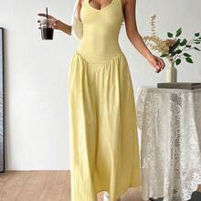 French Deep V-Neck Backless Tie Waist Pleated Dress, Sexy - Verde - Ver 2