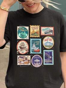 Una camiseta de manga corta para mujer, moderna, a la moda, retro, holgada, suave y cómoda, adecuada para actividades al aire libre en primavera y verano, camiseta para parques temáticos, camiseta con estampado de castillo mágico, camiseta para parques de aventura, ropa para vacaciones en familia, 11141601.blusas para mujer,blusas casuales para dama,tops,, mujer premium,y2k,playeras de mujer curvy,ofertas y liquidaciones ropa mujer,playeras deportivas para mujer,,playeras de hombre, mujer,blusas>elegante LW73 - Negro - Ver 1