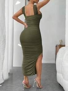 Vestido de graduación; Vestido ajustado de malla con superposición fruncida y abertura en el muslo, vestidos en tonos pastel para mujeres - Verde militar - Ver 2
