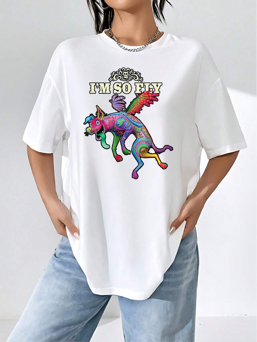 Colorful Figure Of A Winged Mythological Creature Representing Freedom And Positive Energy, Inspired By Mexican Art. Women's T-Shirt With A Comfortable, Soft, And Breathable Fit, Ideal For Everyday Wear. - 白色 - 查看 1