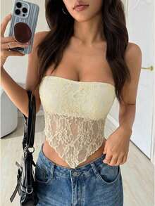 Top bandeau ajustado con bajo asimétrico de tela de encaje sexy y casual, color marrón - Amarillo claro - Ver 6