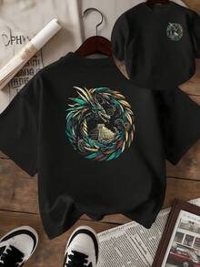 Serpiente emplumada rodeando un templo antiguo símbolo de sabiduría poder y conexión con la energía de la tierra y el cielo camiseta de mujer con estampado doble elegante y versátil para uso diario - Negro - Ver 8