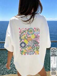 Camiseta Oversize para Mujer con Estampado Retro, Cuello Redondo, Manga Corta, Diseño Casual - Negro - Ver 1