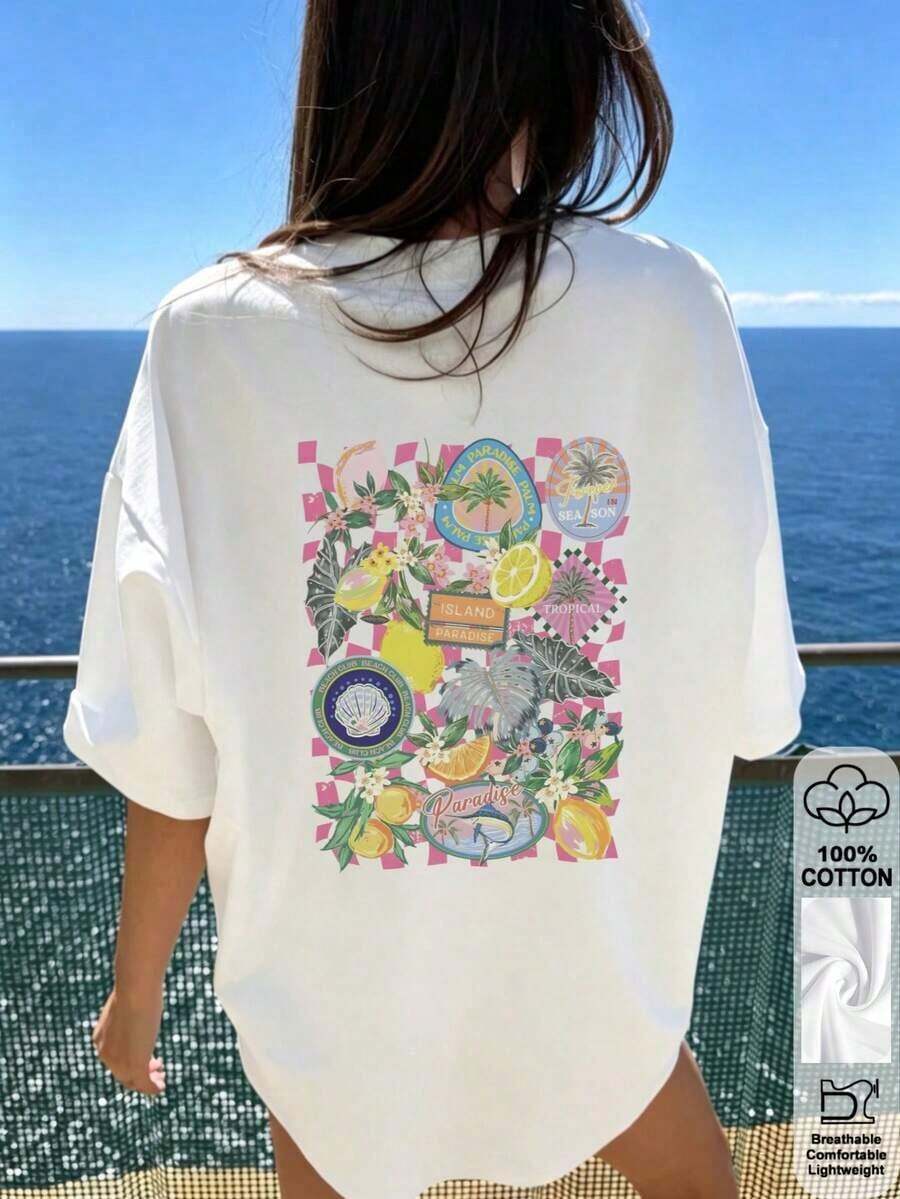 Camiseta Oversize para Mujer con Estampado Retro, Cuello Redondo, Manga Corta, Diseño Casual - Negro - Ver 1