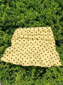 Minifalda acampanada fruncida con estampado de lunares para el verano - amarillo ganso - Ver 3