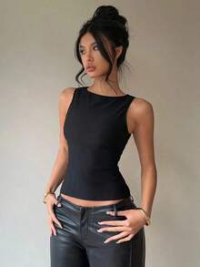 Blusa sin mangas con cuello redondo y lazo en la espalda, para uso casual y de oficina - Negro - Ver 7