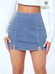 Falda pantalón informal de mezclilla con corte alto y dobladillo con doble abertura para mujer - Azul - Ver 8