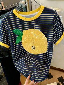 Camiseta casual de mujer de manga corta con cuello redondo y rayas - Multicolor 3 - Ver 1