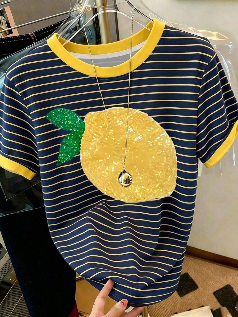 Camiseta casual de mujer de manga corta con cuello redondo y rayas - Multicolor 3 - Ver 1