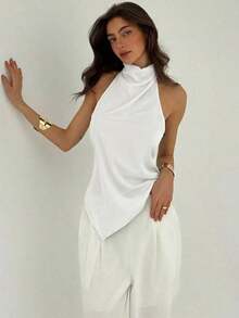 Blusa de cuello halter con bajo asimétrico de unicolor, top de verano para mujer, top de vacaciones de verano - Blanco - Ver 4