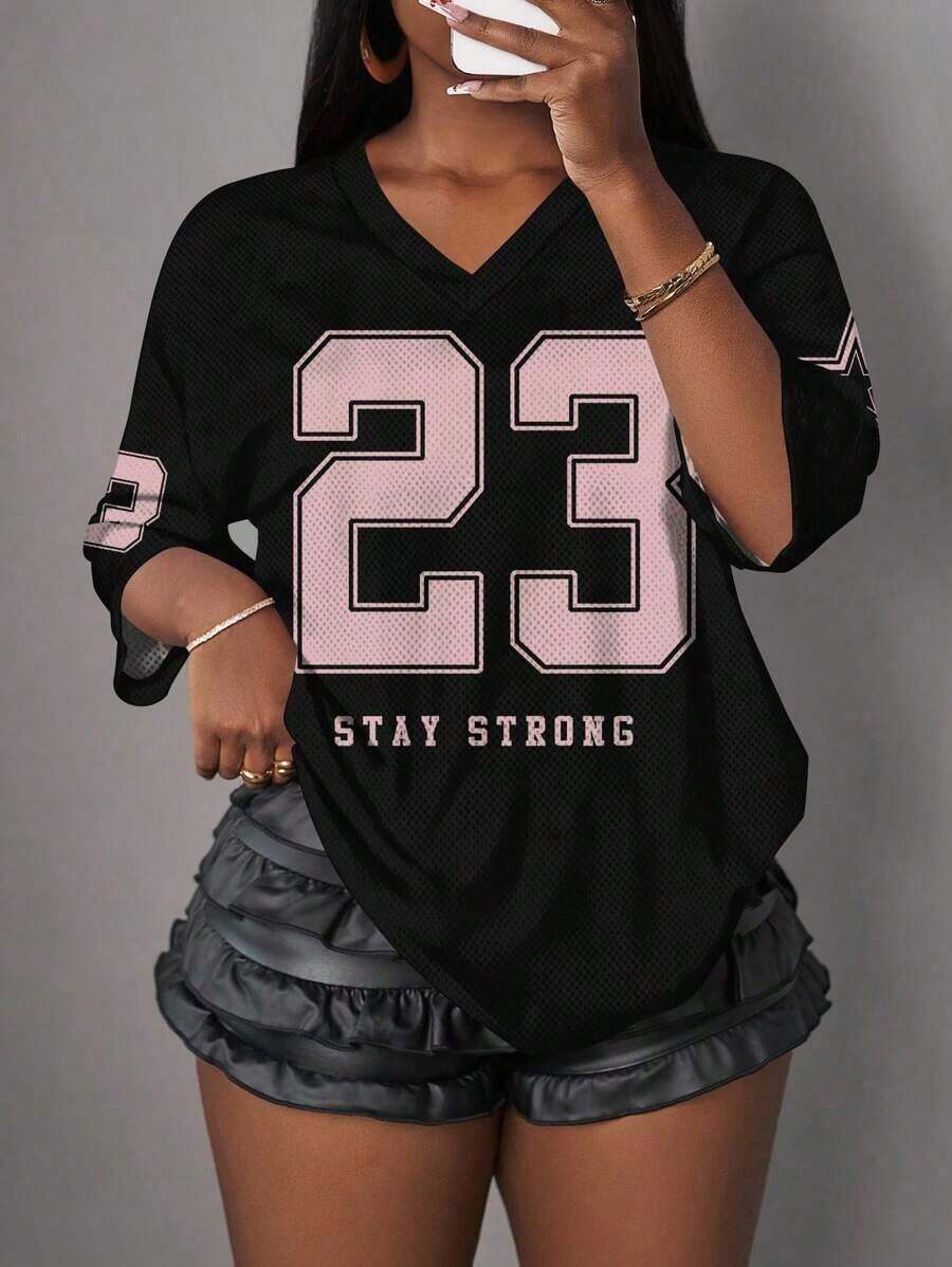 Camiseta de mujer con gráfico de letras y números, de estilo minimalista y casual, adecuada para el verano - Negro 2 - Ver 1