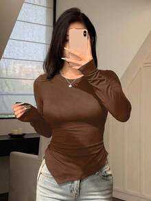 Camiseta de mujer de manga larga con diseño asimétrico y ajuste ceñido, ropa de otoño con estilo preppy - Café integral 2 - Ver 3