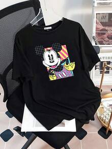 Colorful Graphic Featuring A Smiling Classic Mouse In Pop Art Style With Geometric Patterns And Vibrant Tones That Convey Joy And Energy, Perfect For A Modern Look. Comfortable Casual Women's T-Shirt - Black - View 3