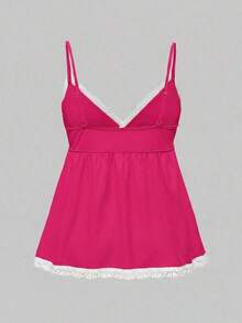 Conjunto de pijama casual de camiseta de tirantes acanalada y shorts con encaje - Rosa Fucsia - Ver 5