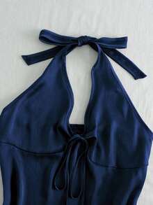 Nuevo top de verano de mujer con cuello halter, cintura fruncida y lazo, sexy y casual para vacaciones - Azul marino - Ver 4