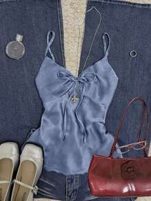 Camiseta sin tirantes minimalista con nudo delantero para mujer, ideal para el verano - Azul - Ver 2