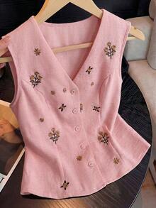 Camisa sin mangas con cuello en V, botones y bordado, con aspecto de lino, para mujer, para salidas de verano, citas, Año Nuevo, San Valentín, Pascua, Día de la Madre, festivales de música, estilo de Oriente Medio, bodas, elegante, vintage, casual - Rosa - Ver 1