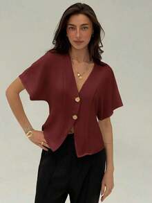 Camisa blanca sólida con mangas de murciélago, doble botonadura y frente abierto elegante - Burdeos - Ver 1