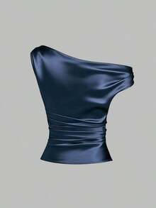 Sweetro Blusa de un solo hombro de estilo francés nueva para primavera/verano, blusa de satén rosa con diseño de volantes, adecuada para ocasiones casuales, de fiesta y de noche - Azul marino - Ver 2