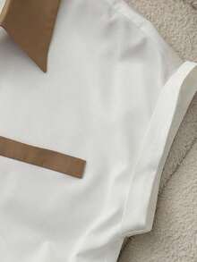 Blusa elegante de manga corta con bloques de color para mujer, verano - Blanco - Ver 3