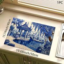 1件复古蓝色风景亭子印花吸水垫/干燥垫，适用于咖啡机、餐具 - 吸水性强的聚酯纤维桌面保护垫，带橡胶防滑垫，可用于厨房台面装饰、家庭酒吧和餐桌。 - 彩色 - 查看 1