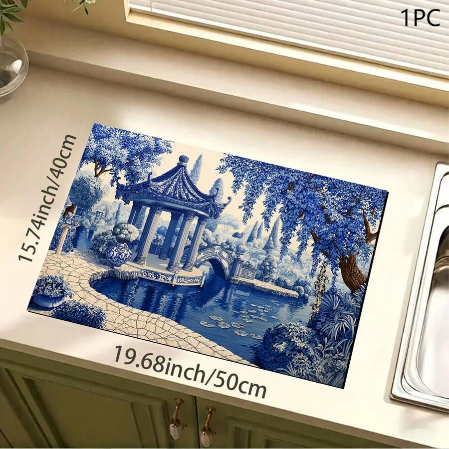 1件复古蓝色风景亭子印花吸水垫/干燥垫,适用于咖啡机、餐具 - 吸水性强的聚酯纤维桌面保护垫,带橡胶防滑垫,可用于厨房台面装饰、家庭酒吧和餐桌。 - 彩色 - 查看 1