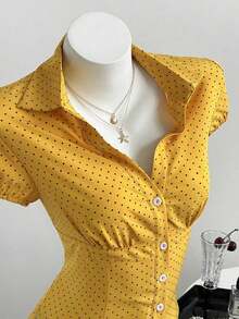 Camisa de mujer con cuello en V, cintura fruncida y manga corta, color blanco, para primavera/verano - Amarillo - Ver 3