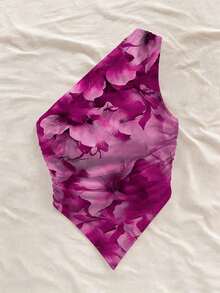 Blusa de mujer con estampado floral, cuello y bajo asimétricos y fruncido - Morado - Ver 4
