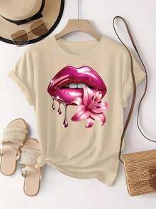 Labios Rosados con Estampado de Lirios |     Diseño Romántico y Elegante, Camiseta Deportiva Casual de Manga Corta con Cuello Redondo para Mujer, Top Cómodo - Negro - Ver 9