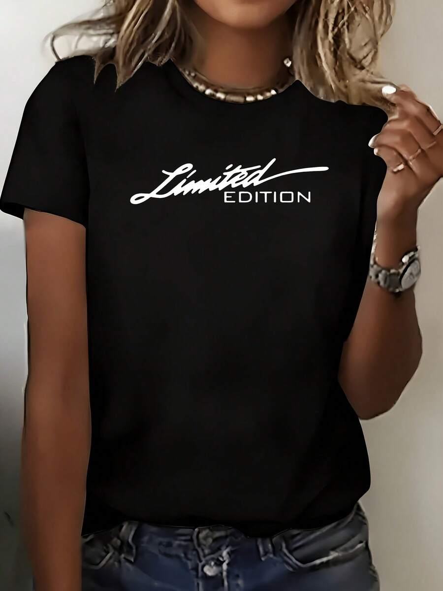 Women's Elegant Turquoise Blue T-Shirt With Round Neck And Short Sleeves - Limited Edition Cursive Lettering And Numbered Print, Breathable Polyester For Casual To Semi-Formal Spring-Summer Wear, Washable Blouse Top - Black - View 1