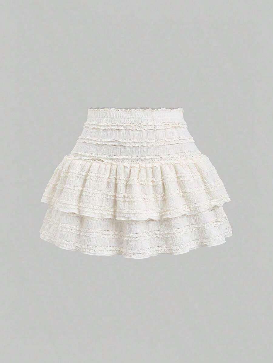 Falda mini casual y de resort Y2K con dobladillo de doble capa y ribete de volantes de unicolor - Albaricoque 2 - Ver 1