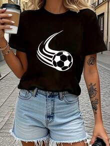 Ropa deportiva para mujer con cuello redondo y mangas cortas, estampado de fútbol, cómoda y transpirable, ideal para uso diario casual - Negro - Ver 2