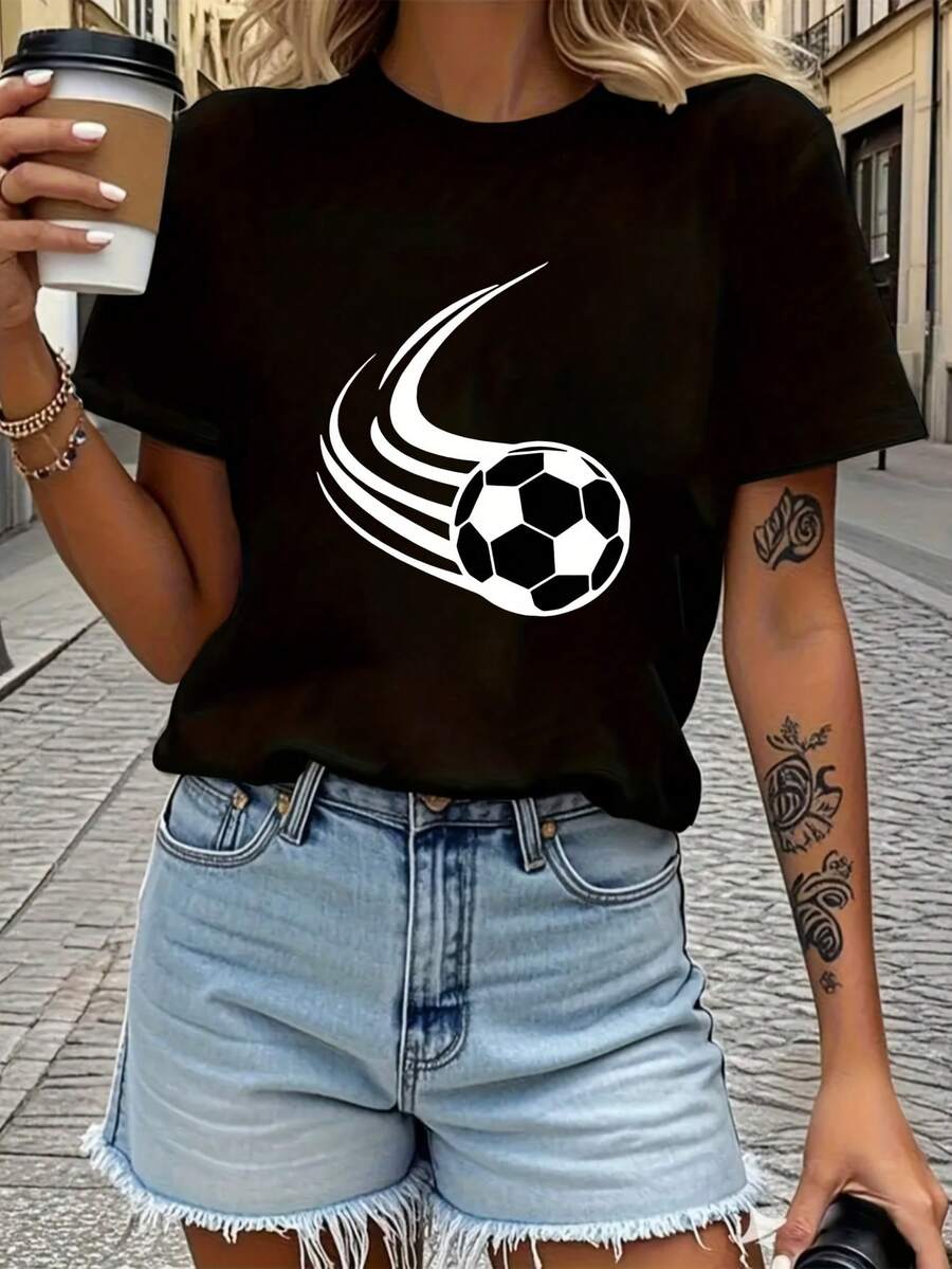 Ropa deportiva para mujer con cuello redondo y mangas cortas, estampado de fútbol, cómoda y transpirable, ideal para uso diario casual