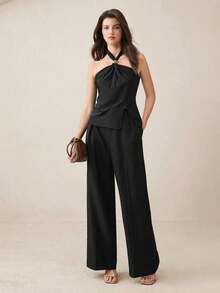 Top con cuello de halter, diseño de botón de metal verde, abertura lateral, elegante y chic para uso urbano y diario, estilo romántico retro de los 90.Adecuado para Navidad, Año Nuevo, San Valentín, fiestas, playa, graduación, moda, carnaval, bod - Negro - Ver 5