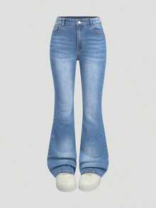 Explorewe Jeans de mezclilla estilo Y2K versátiles lavados y desgastados con pierna acampanada y elásticos para niñas adolescentes - Azul lavado medio 4 - Ver 6