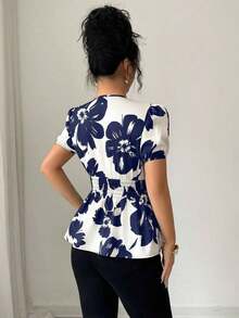 Blusa elegante y de moda con estampado floral y cuello en V con cintura ceñida para mujer - Azul marino - Ver 2