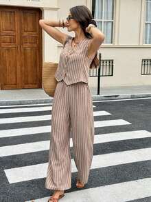 Frenchy 1 Conjunto de 2 Piezas: Top sin Mangas con Cuello en V y Botones Frontales y Pantalones Largos, Estilo Casual para Navidad y Verano - Marrón café 3 - Ver 1