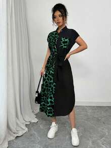 Vestido largo de manga corta para verano 2025, nuevo, con bolsillo, abertura lateral, cinturón y lazo, estampado de leopardo, para uso casual y de viaje - Verde - Ver 7