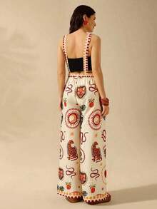 Mono negro casual de vacaciones de verano para mujer con diseños estampados bohemios de leopardo tropical, caparazón de tortuga de bambú, ojo del diablo, serpiente y pájaro, con bolsillos grandes y tirantes - Multicolor - Ver 9