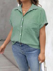 Vionelle Blusa casual de talla grande para mujer con estampado de rayas azul y blanco, de manga corta y abotonada, para el verano - Verde 2 - Ver 5