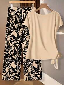 Set de 2 piezas: Blusa morada con lazo minimalista casual + Pantalones rectos holgados con estampado floral, adecuado para vacaciones de primavera/verano - Multicolor 15 - Ver 2