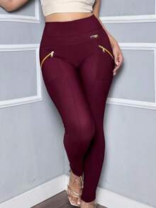 Women's Riding Pants With Grosgrain Fabric, Zipper On Front Pocket, High Waist - Burgundy - View 2
