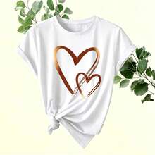 Single Garment Set, Not A 3-Piece Set, 1 Piece/Set Of Short-Sleeved T-Shirts Suitable For Streetwear, Oversized Round Neck Top For Daily Outings, Camping, Concerts, Hip-Hop, Rock, And Rap Events, Short-Sleeved Round Neck T-Shirts With English Letter And Heart Print, Casual Summer Graphic T-Shirts For Women - 白色 - 查看 2