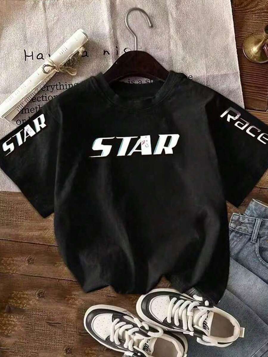 Mujer Camiseta de manga corta con estampado térmico de letras STAR degradadas en tonos blanco y azul, diseño de letras sencillo, estilo urbano americano - Negro - Ver 1