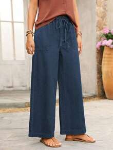 Jeans de pierna ancha con cintura con cordón y bolsillos, de uso versátil y casual para uso diario - Azul lavado oscuro - Ver 5
