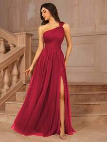 Vestido formal largo para dama de honor, invitada de boda, evento, verano, San Valentín, cumpleaños, con cuello cruzado asimétrico de un hombro, espalda descubierta, falda de tul en línea A, vestidos de mujer para otoño, regreso a clases, fiesta de bienvenida, cumpleaños, primavera elegante - Rojo - Ver 4