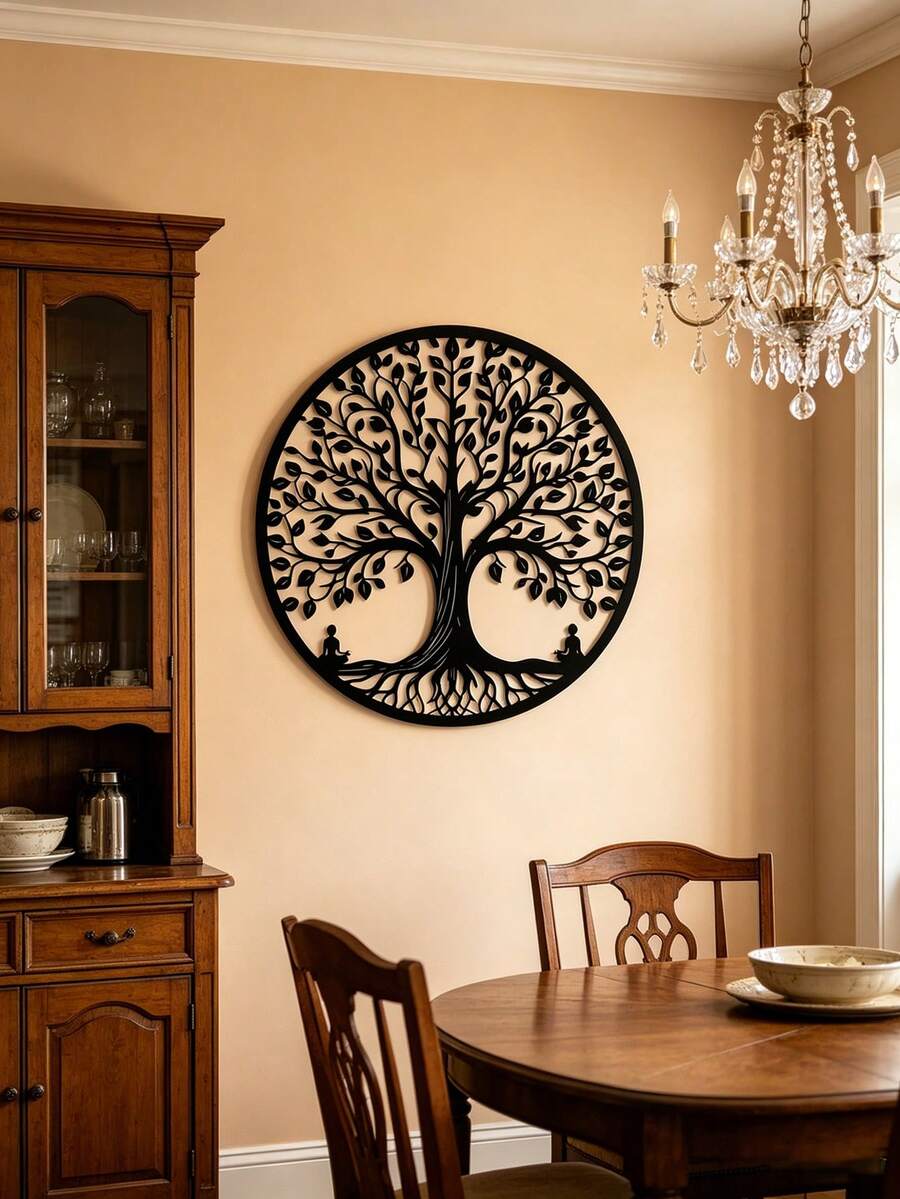 1pc Life Tree Metal Wall Decor, Size 15.75" X 15.75", Life Tree Metal Wall Art, Metal Wall Hanging, Metal Tree Sculpture, Home Gift, Housewarming Gift, Birthday Gift, Room Wall Art, Home Decor, Apartment Warming Present - Black - View 1